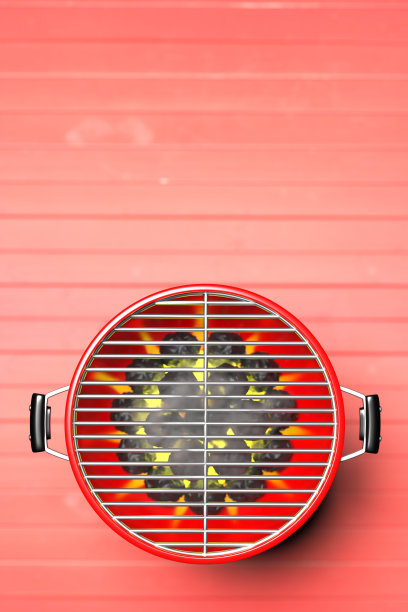 烧烤烤架。烧烤圆形的红色映衬着木制的背景。三维演示图片下载