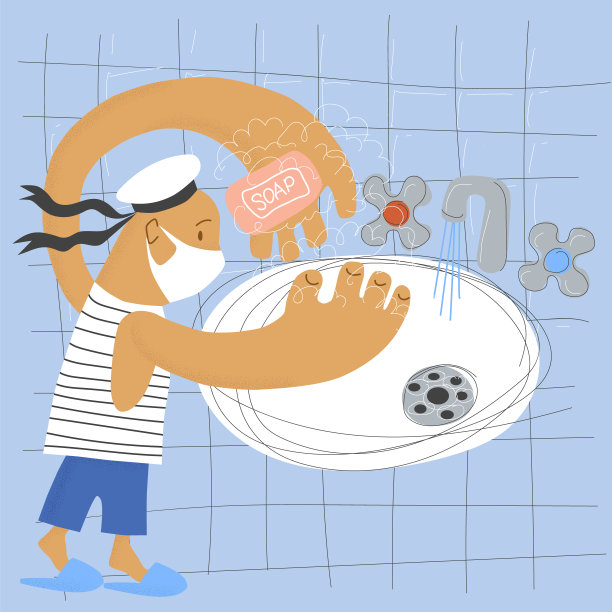 一个带着口罩的男孩正在用肥皂在水龙头下用水洗手。卫生间洗手池、日常卫生、保健、病毒感染预防。图片下载