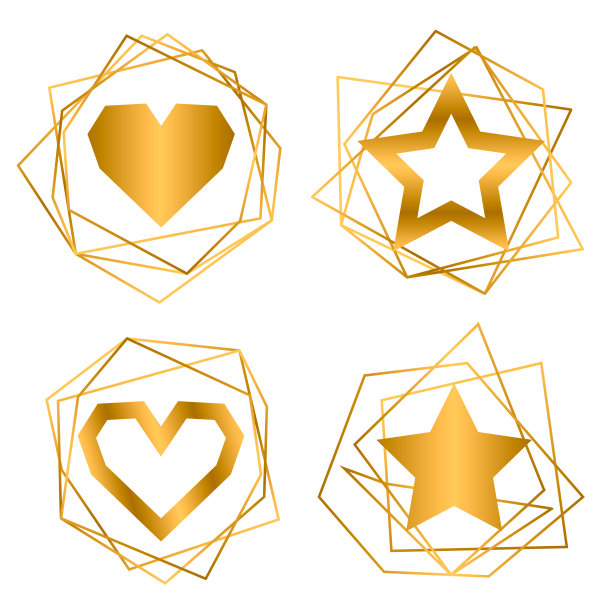 集图标，几何金色的星星和心形在几何金色的金属框架，元素设计。壁纸背景。矢量插图。图片下载