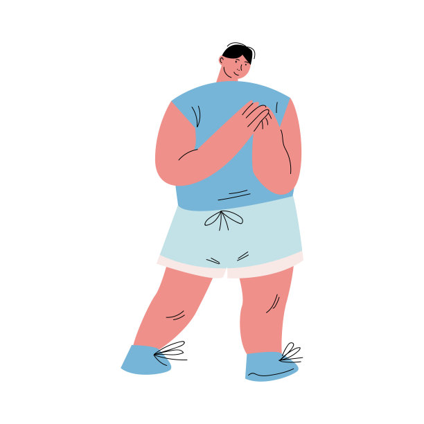 快乐超重黑头发男人站在蓝色短裤和t恤。矢量插图卡通风格。图片下载