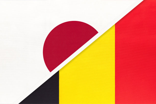 日本vs比利时，象征两国国旗。亚洲和欧洲国家之间的关系。图片下载