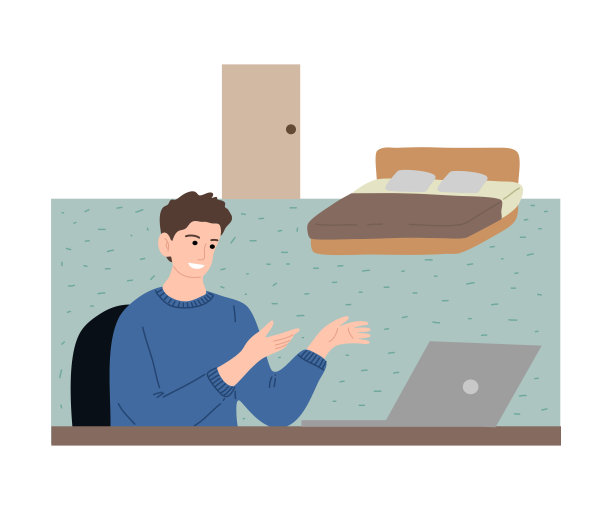 年轻的自由职业者在家工作坐在卧室里用笔记本电脑。矢量插图卡通风格。图片下载