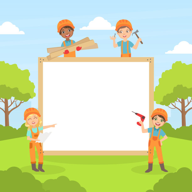 可爱的男孩在头盔与白色空旗帜，微笑的小建筑商持有专业工具矢量插图图片下载