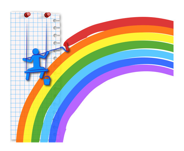 模板模拟在一张方形的笔记本上。一个男人用长笔上的滚轴画了一道彩虹。坐在板子上，高空作业。模仿水墨画。白色上的孤立向量图片下载
