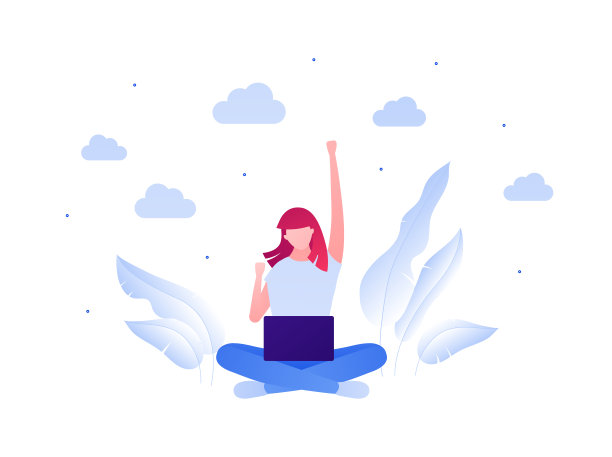 学生教育与成功情感观。矢量平面插图。快乐的年轻成年女子坐在笔记本电脑和举起手在喜悦的姿态。设计元素的旗帜，网页，信息图表。图片下载