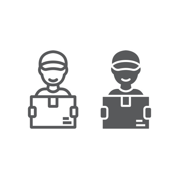 快递员线和字形图标，快递员和快递员，快递员持箱标志矢量图形，白色背景上的线性图标，eps 10。图片下载