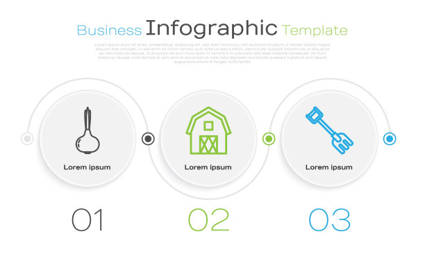 设置线洋葱，农场房子概念和花园耙。业务信息模板。向量图片下载