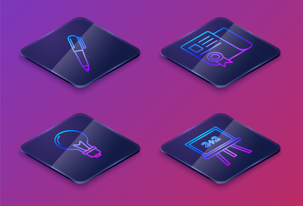 设置等距线笔，带概念的灯泡，证书模板和黑板。蓝色方块按钮。向量图片下载