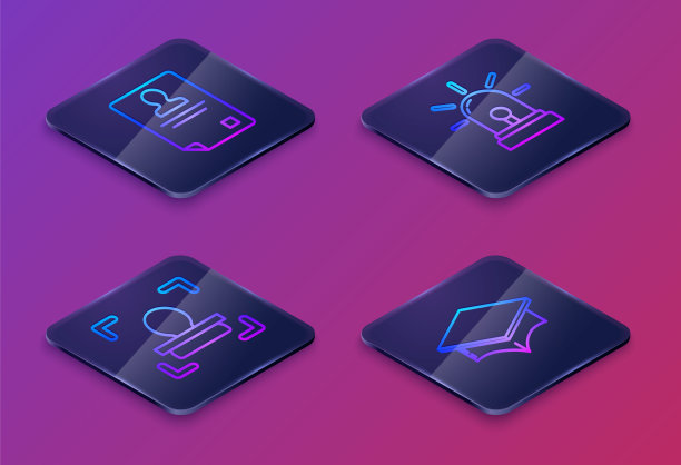 设置等距线识别徽章，人脸识别，闪光警报器和毕业帽。蓝色方形按钮。向量图片下载