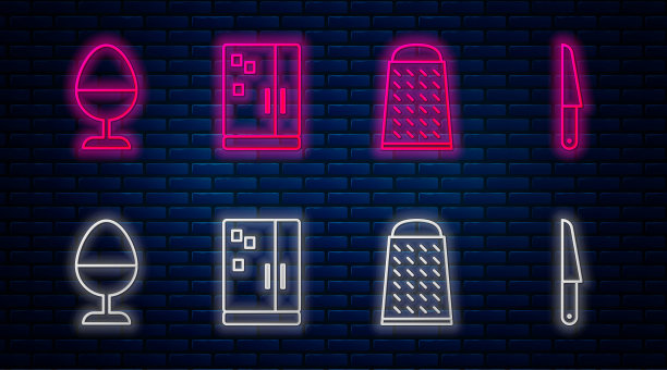 摆放冰箱、磨丝器、鸡蛋和刀。砖墙上发光的霓虹灯图标。向量图片下载
