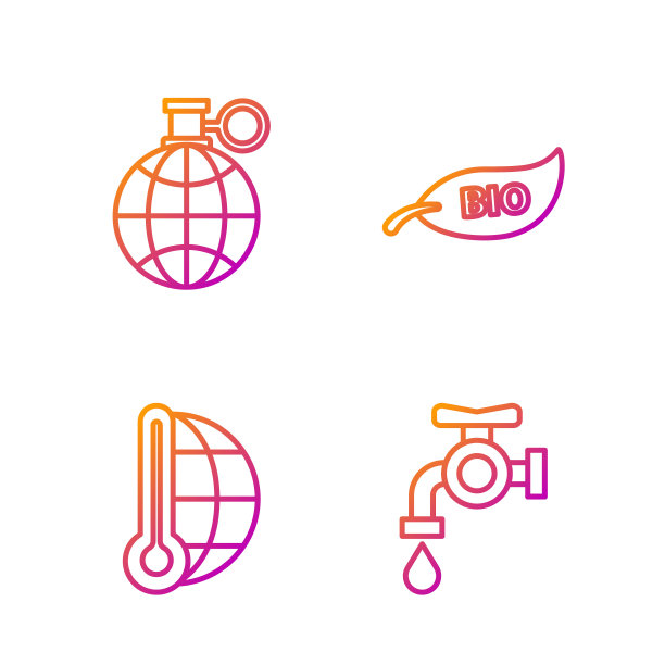 设自来水龙头，气象温度计测量，地球行星和回收和叶生物标志。渐变颜色图标。向量图片下载