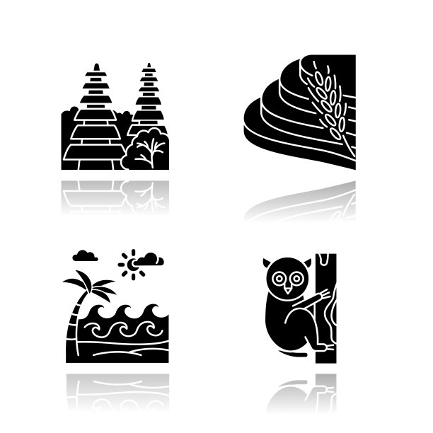 印尼下降阴影黑色字形图标集。热带动物。在印度尼西亚度假。探索珍奇的野生动物。独特的植物,动物。巴厘岛观光和建筑。孤立的矢量插图图片下载