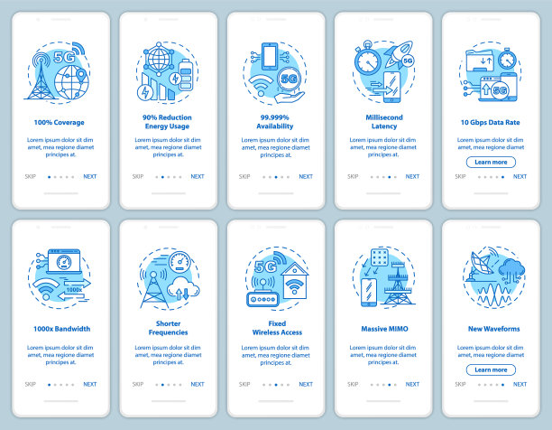 5G技术搭载移动应用页面屏幕线性概念。固定无线接入。短的频率。演练步骤、图形说明。UX, UI, GUI矢量模板，插图图片下载