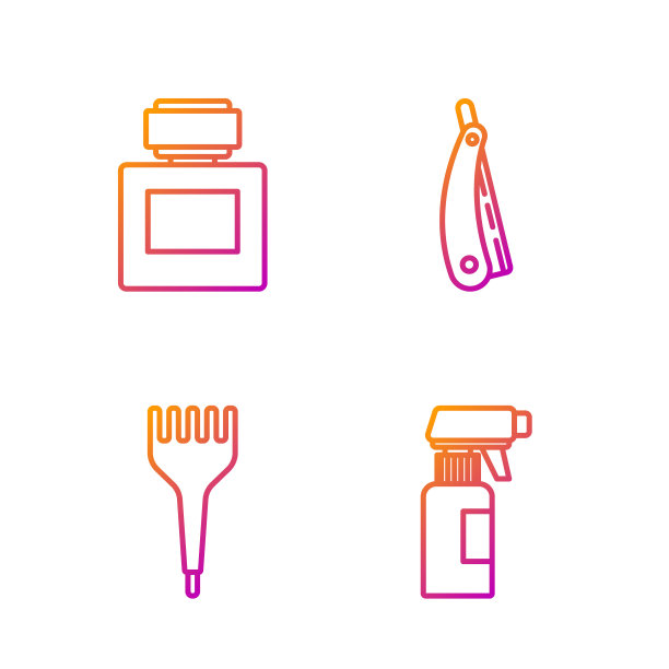 套装手枪喷雾器，发刷，须后水和直剃须刀。渐变颜色图标。向量图片下载