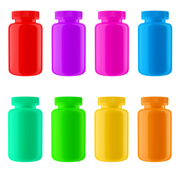 光滑塑料瓶盖8多色设置，孤立在白色背景。图片下载
