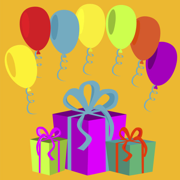 橙色背景上有气球的礼品盒。原来的礼物包装上的橙色背景。矢量插图。股票的照片。图片下载