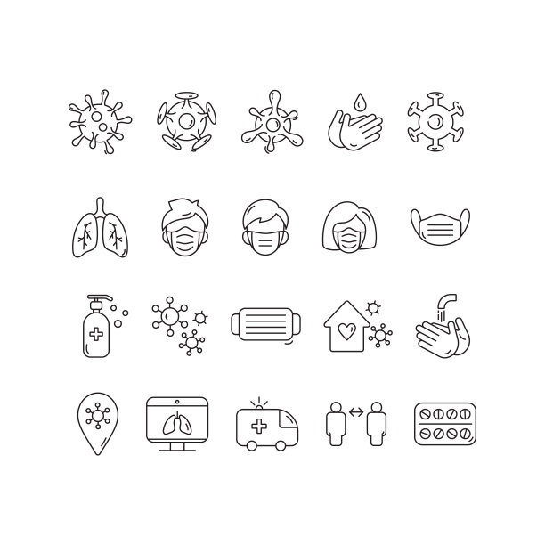 一套符号医疗图标冠状病毒专门化。口罩、药丸、洗手液、医用手套、药瓶设计元素。医药制药的概念制作在线条风格矢量标志图片下载