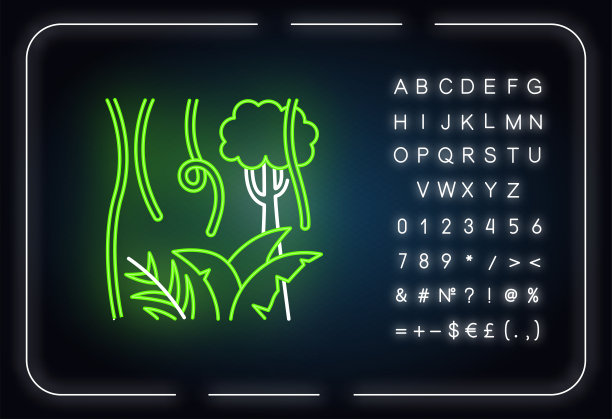 热带雨林的植物和树木霓虹灯图标。常绿森林藤蔓。藤本植物和蕨类植物。印尼丛林之旅。有字母、数字和符号的发光符号。向量孤立的插图图片下载