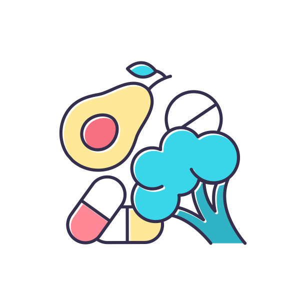 维生素摄入的颜色图标。鳄梨和花椰菜。药物和药物。饮食补充剂。有机和天然食品。复合维生素复杂。营养和保健。孤立的矢量图图片下载