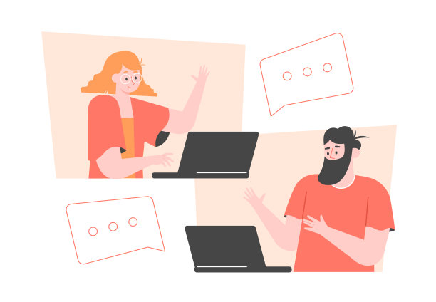 有笔记本电脑的男人和女人。在线聊天和交流。同事、朋友、爱人之间的短信。矢量平面插图。图片下载