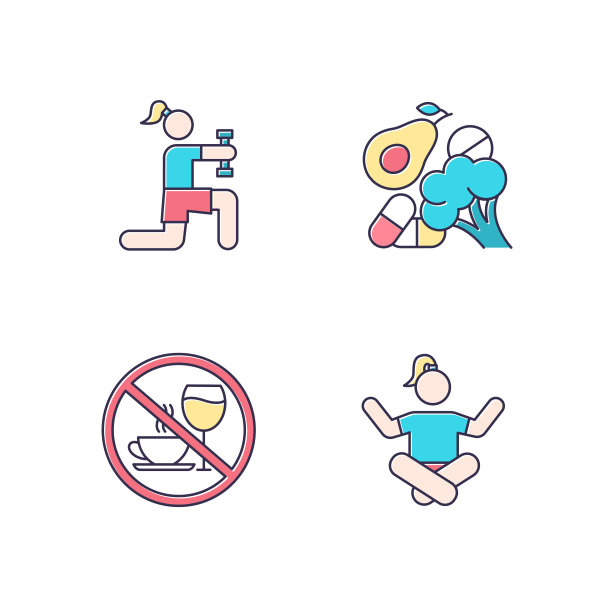 医疗保健颜色图标集。体育锻炼。维生素摄入量,蔬菜。拒绝酒精和咖啡因冥想、瑜伽练习。健身和锻炼。孤立的矢量插图图片下载
