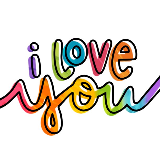 我爱你情人节贺卡打印在离奇的彩虹梯度字母设计在白色的背景。主要的颜色是紫色、蓝色、绿色、黄色、橙色和粉红色。这幅图像是用数字技术生成的。对于男孩，女孩，朋友，家庭，父母图片下载