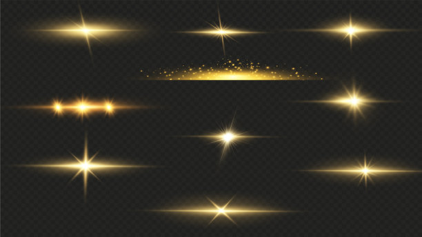 金色的星星孤立在黑色的背景上。效果，眩光，线条，闪光，爆炸，金色的光。矢量图图片下载