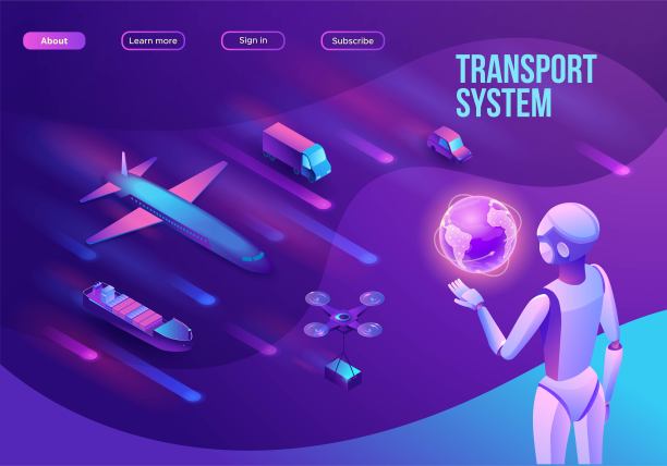 等距配送服务与卡车，智能物流公司插图，人工智能管理运输系统，机器人观看屏幕与地图，飞机，汽车，着陆页模板图片下载