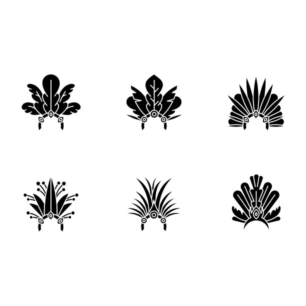 巴西狂欢节帽子黑色象形文字图标设置在白色的空间。用羽毛王冠。传统的头饰。国定假日。化装游行。轮廓符号。向量孤立的插图图片下载