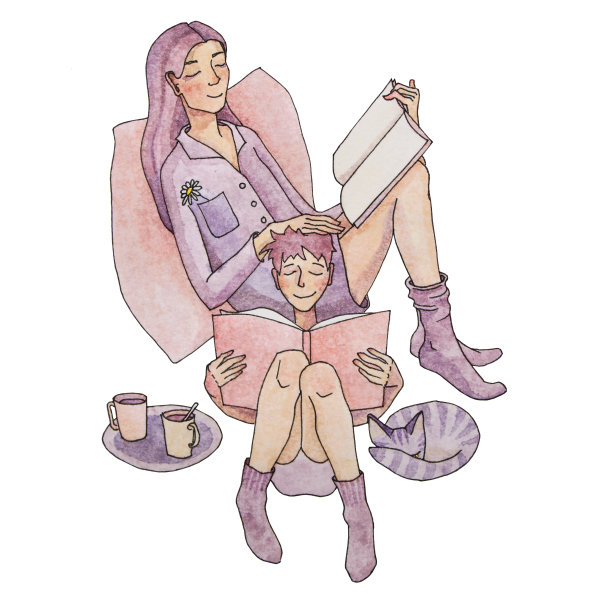 黑笔和水彩画美术线妈妈和儿子在家隔离看书。自我隔离精神养生创意插画图片下载
