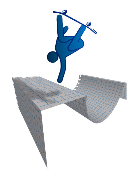 滑板上的男子表演斜坡特技。用蓝色墨水在方格纸上画画。在滑板上极限滑冰。白色上的孤立向量图片下载