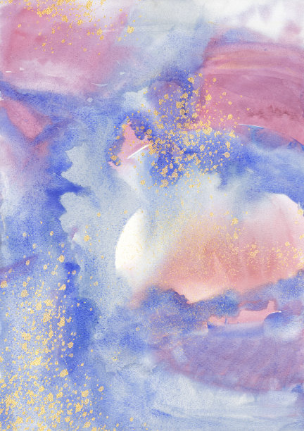 水彩玫瑰背景与海蓝宝石的颜色和金色的喷雾。温和的颜色适合婚礼，包装和墙壁艺术画廊。图片下载