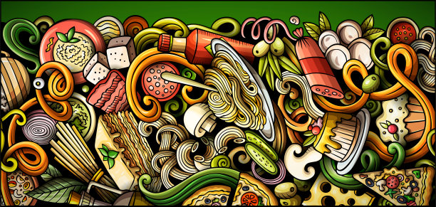 意大利美食手绘涂鸦横幅。卡通详细的传单。图片下载