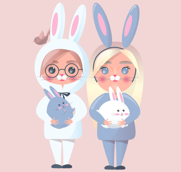 孩子们穿着兔子服装。孩子们怀里抱着兔子。可爱的男孩和女孩。向量的儿童插图。图片下载