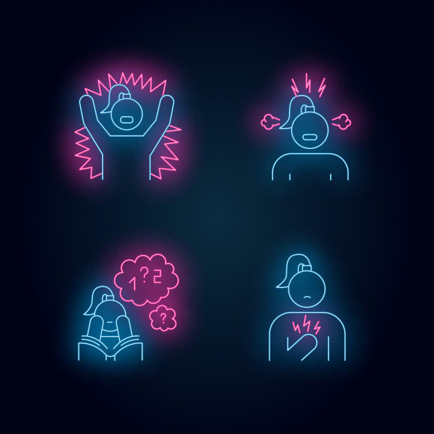 PMS症状霓虹灯图标设置。情感的爆发。烦躁和压力。可怜的浓度。数学问题解决。胸部疼痛。女性保健。发光的迹象。向量孤立的插图图片下载