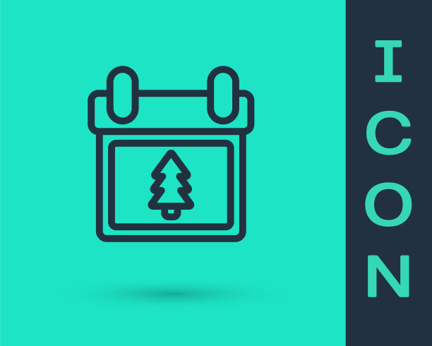 黑线日历与树图标隔离在绿色背景。事件提醒标志。圣诞快乐，恭贺新禧。矢量图图片下载