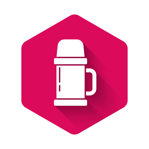 白色热水瓶容器图标与长阴影隔离。热瓶图标。露营和徒步旅行的装备。粉红色的六角按钮。矢量图图片下载