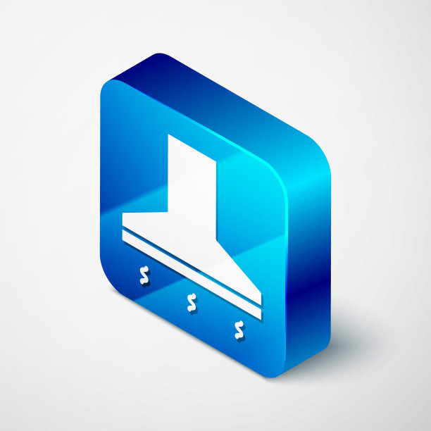 等距厨房提取风扇图标孤立在灰色背景。炊具罩。厨房排气。家用电器。蓝色方块按钮。矢量图图片下载