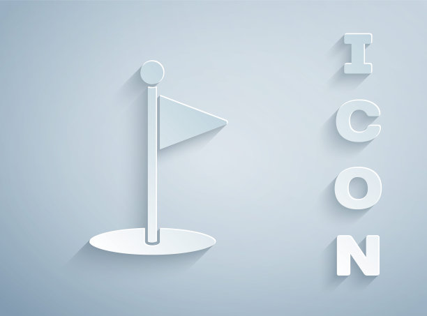 剪纸高尔夫旗帜图标孤立在灰色背景。高尔夫球器材或配件纸艺术风格。矢量图图片下载