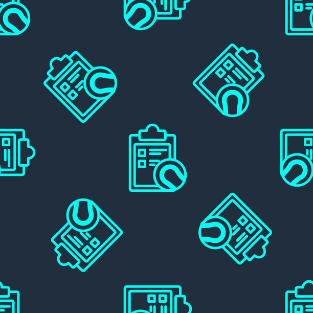 绿线检查表剪贴板和网球图标隔离无缝模式上的蓝色背景。运动设备。矢量图图片下载