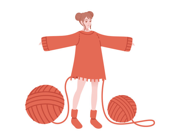 橙色毛衣针织女孩从两个橙色球羊毛扁平抽象插图孤立在白色的背景图片下载