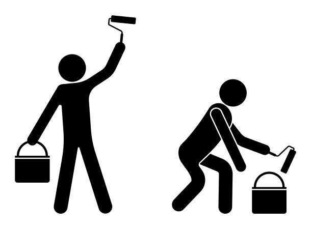 图标，人们用滚轮涂墙，修补建筑立面。建造者的工作。白色上的孤立向量图片下载