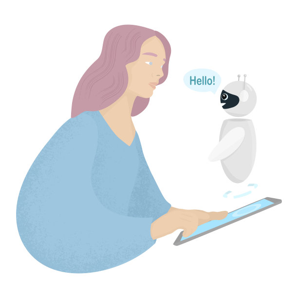 女孩与聊天机器人交流。人与人工智能互动的概念。与机器人助手聊天。未来的营销。向量孤立的插图。图片下载