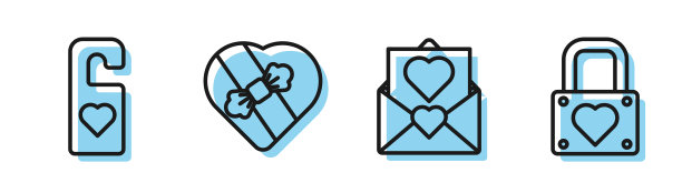 情人节心形信封，请不要用心形打扰，心形盒子里的糖果，锁和心形图标。向量图片下载