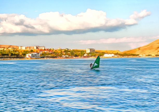 数字绘画。画水彩。海景。冲浪板上的男人。水上运动。用帆冲浪。积极的生活方式。数字绘画-插图。图片下载