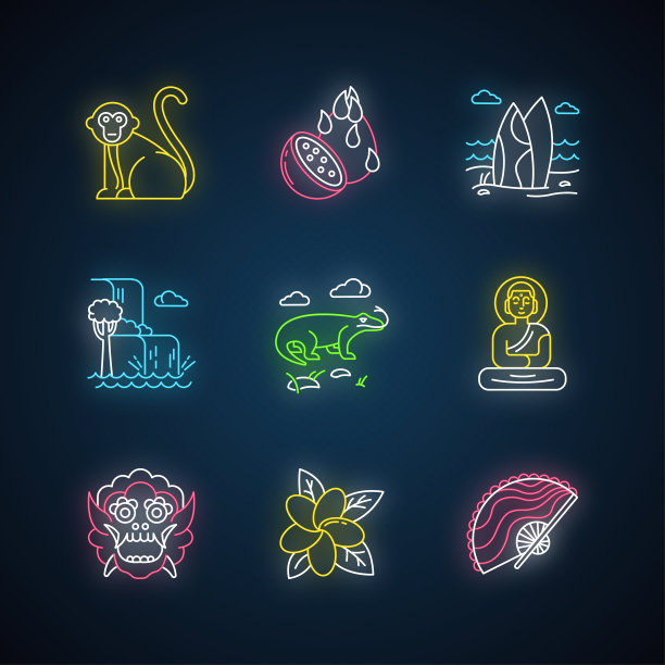 印尼霓虹灯图标集。热带国家的动物。去印尼群岛旅行。探索异国文化。独特的水果,植物。自然奇迹。发光的迹象。向量孤立的插图图片下载