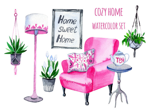 水彩舒适的客厅。甜蜜之家。白色背景上的孤立物体。呆在家里。手绘插图。图片下载
