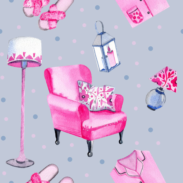 水彩无缝模式与舒适的家庭元素，对象是孤立的灰蓝色背景。完美的壁纸，包装纸，背景，网页设计，打印，明信片，海报，纺织，包装。图片下载