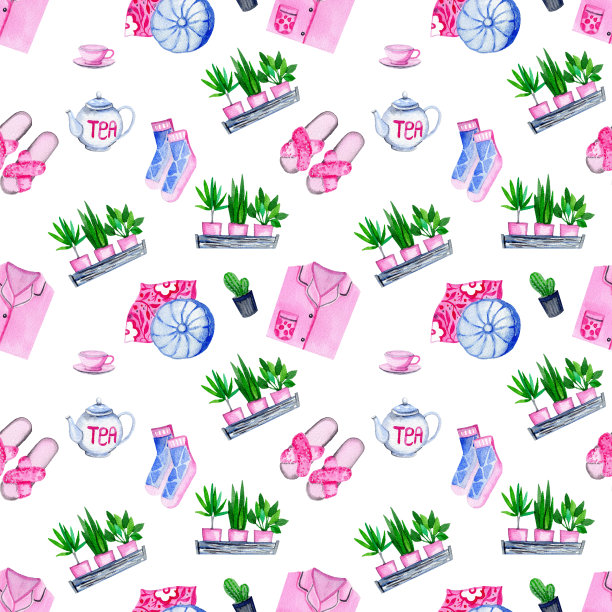 水彩无缝模式与舒适的家庭元素，对象是孤立的白色背景。完美的壁纸，包装纸，背景，网页设计，打印，明信片，海报。图片下载