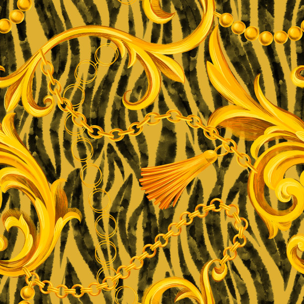 时尚无缝图案与巴洛克洛可可边框元素与动物皮斑马纹纹理混合图片下载